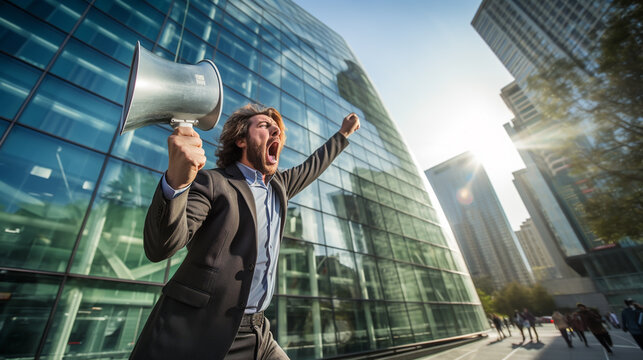employee business man corporate lawyer wear classic formal shirt tie work in office hold megaphone scream