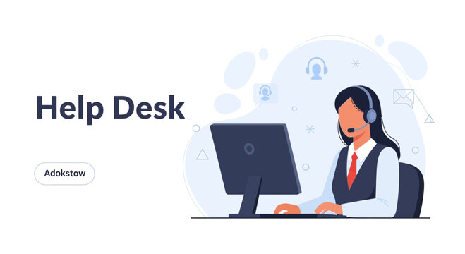 Help Desk Operator Working on Computer with Headset, Customer Service, Support, Online Communication