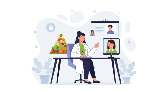 Nutritionist consulting online, advising patient on healthy eating with food pyramid and video call