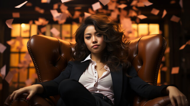 Young content woman sitting on chair in rain of flying bills happy with financial independence.