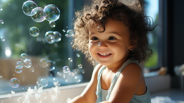 Cute little baby sitting in white bathtub with foam and soap bubbles. Taking bath and playing with toys. Baby hygiene.