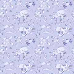 Fototapeta premium Seamless sea creature pattern. Turtle, fish, octopus, crab, seahorse, jellyfish. Purple line art design on a periwinkle background. Perfect for kids apparel, wallpaper, gift wrap, and marine branding.