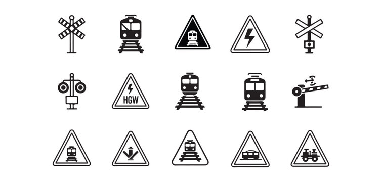 Railway signs and trains icons set on white
