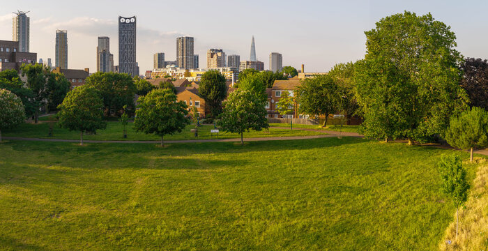 Aerial Panorama of Pasley Park in London with Elephant and Castle Skyline