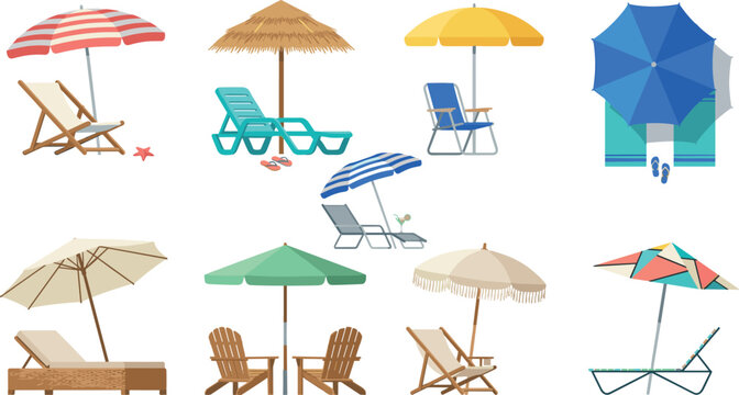 Beach umbrella and lounge chair vector set featuring sunbeds deck chairs adirondack seats parasols and straw huts for summer vacation design