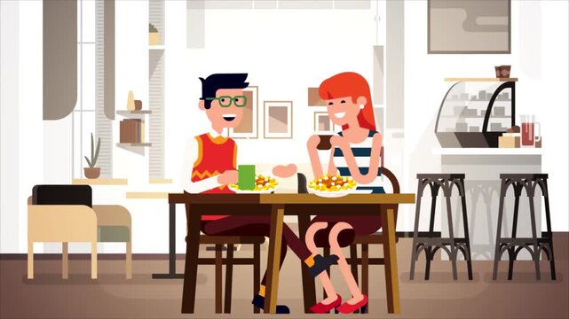 2D Animated Young Couple Having Coffee Date at Cafe Table, Man and Woman Chatting in Restaurant Interior, Flat Vector Style
