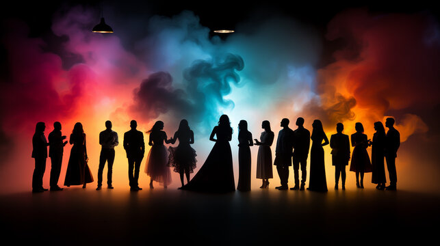 Group people on a background of colored smoke