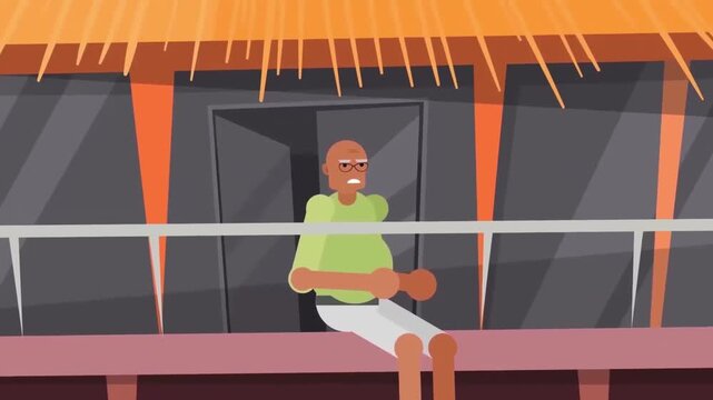 2D Animated Man Relaxing on Porch of Tropical Bungalow at Sunset, Traditional Straw Roof Beach Hut Landscape, Flat Vector Design