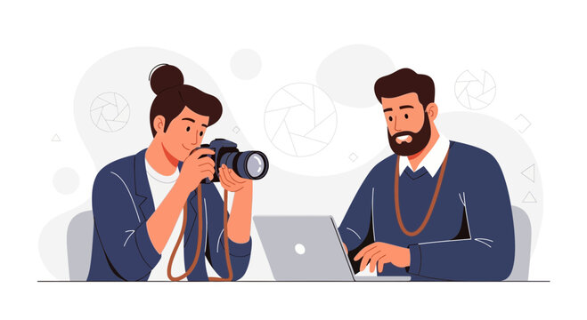 Photographer with Camera and Editor with Laptop in a Modern Studio