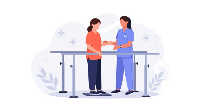 Physical Therapist Assisting Patient During Rehabilitation Exercises with Parallel Bars