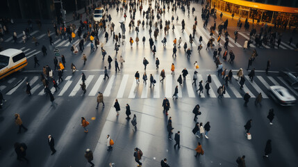 Obraz premium Aerial. People crowd on pedestrian crosswalk. Top view background.