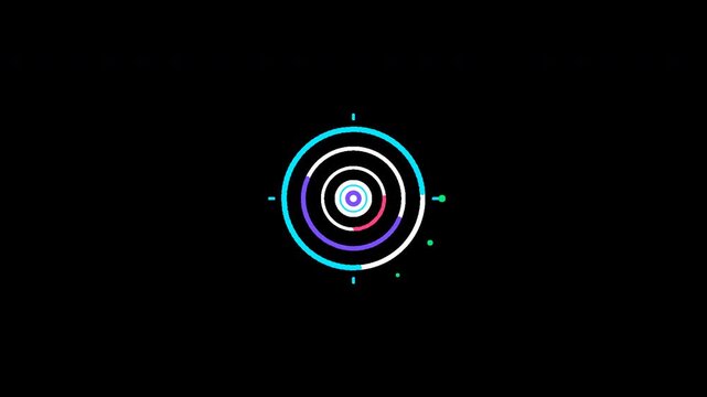 Futuristic circular HUD interface with rotating colorful arcs and data points for tech dashboard.