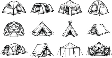 Camping Tent Vector Icons Collection – Dome Tent, Cabin Tent, Bell Tent, Teepee, Canopy, and Outdoor Shelter Sketch Illustration Set © Abdullah