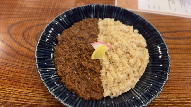 Japanese Vegan Keema Curry Soy Meat Brown Rice Plate
