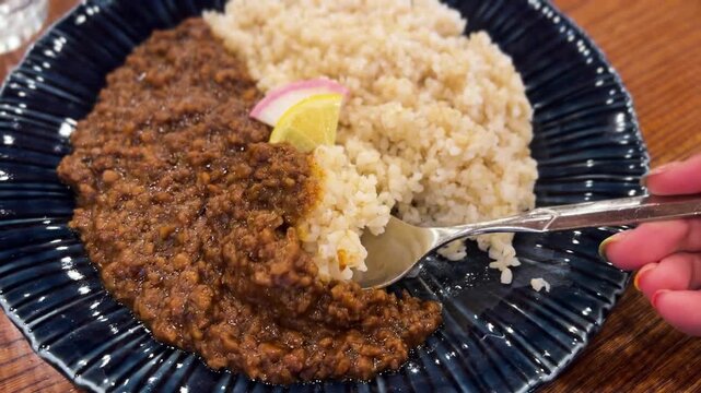 Eating Japanese Vegan Keema Curry Soy Meat Brown Rice Plate