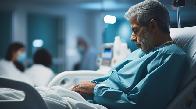 In the Hospital Sick Male Patient Sleeps on the Bed. Heart Rate Monitor Equipment