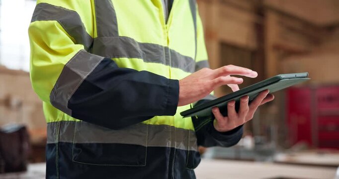 Hands, tablet and architect at construction site for building development, inspection or design info. Scroll, tech and person with engineering review, digital schematic and architecture evaluation