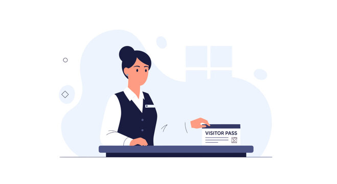 Receptionist hand giving visitor pass at counter, welcome to office, modern flat design vector illustration