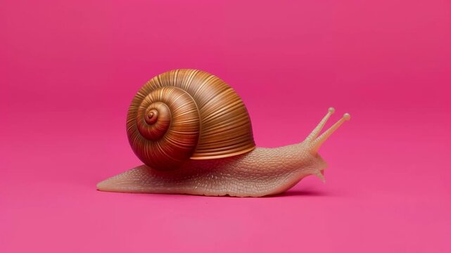 Snail with shiny disco ball shell glides across a vibrant pink background, showcasing a unique blend of natural and artistic elements in a whimsical setting