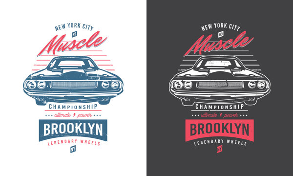Vintage Brooklyn New York Muscle Car Typography T-shirt Design Grunge Vector.