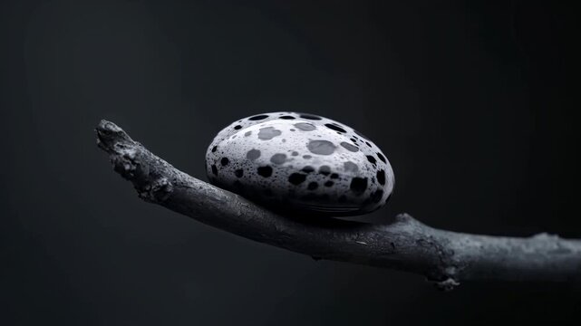 Black and white spotted frog perched on a branch transitions to a solid black frog, concluding with a speckled stone resting on the same branch in a dark environment
