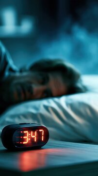 Person lying awake in bed with digital alarm clock showing 3:47, insomnia concept, copy space
