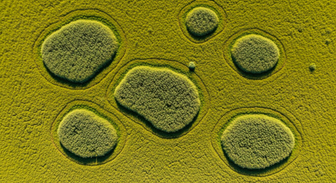 Aerial Top-Down View of Mysterious Crop Circle Patterns in a Vibrant Yellow Rapeseed Field