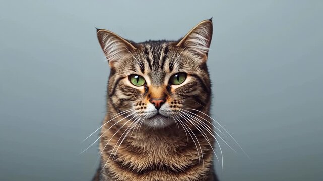 Tabby cat with striking green eyes and distinct fur patterns gazes directly at the camera, showcasing its features against a soft gray background