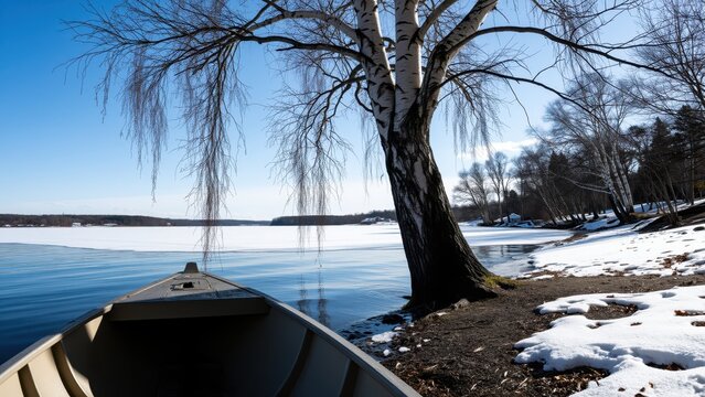 Winter Calm: An empty rowboat rests by the shore, a frozen lake stretching towards a distant horizon under a clear blue sky, with snow-dusted trees framing the serene winter landscape.