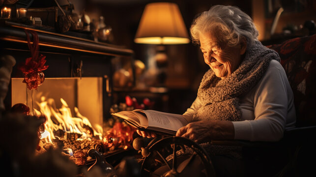 Grandmother tries to light a fireplace in the house