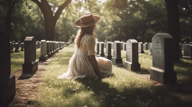 Woman praying in a memorial cemetery, for war soldiers