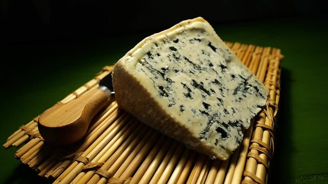 50p close up of Bleu d&rsquo;Auvergne cheese resting on a bamboo mat beside a cheese knife. Traditional French dairy product filmed with warm light