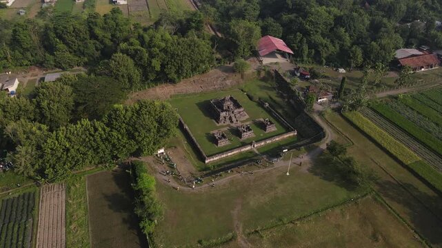 An aerial view of Kedulan Temple, a Hindu archaeological site in Sleman, Yogyakarta. The temple was built around the 8th and 9th centuries during the Ancient Mataram Kingdom.