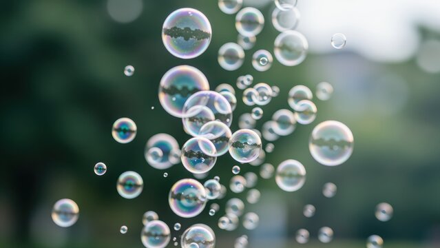 Bubbles Ascending: A multitude of translucent bubbles drift upwards against a softly blurred green background, catching the light and reflecting the world around them in their ephemeral forms.
