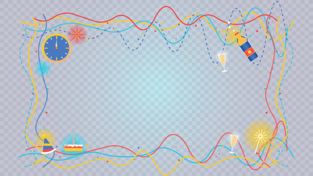 Festive party celebration border bundle with confetti, streamers, clock, and colorful glow sparkle elements for design