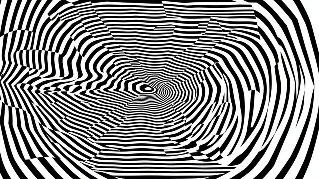 Hypnotic Spiral Pattern: An abstract black and white spiral pattern with distorted lines creates a mesmerizing and disorienting visual effect, perfect for themes of illusion or mental focus.