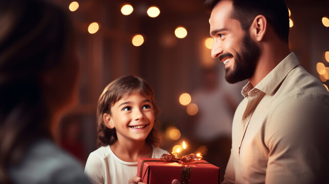 Happy father's day! Child congratulating dad and giving him gift box.