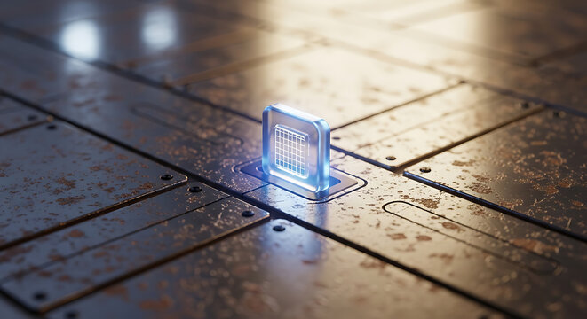 Glowing blue microchip on metallic industrial floor with grid pattern