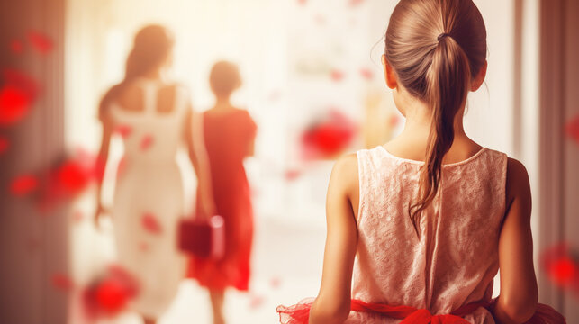 Woman and child with bouquet of flowers. Spring family holiday concept. Women's day