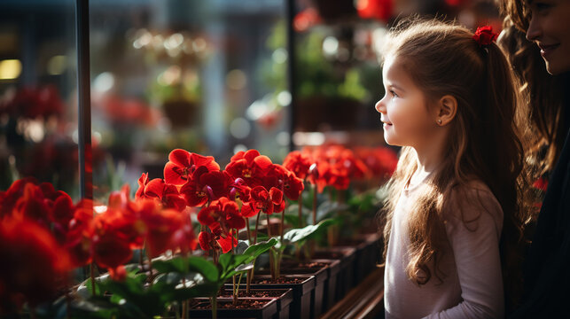 Woman and child with bouquet of flowers. Spring family holiday concept. Women's day