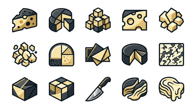 Collection of various cheese types and cheese knife illustration.