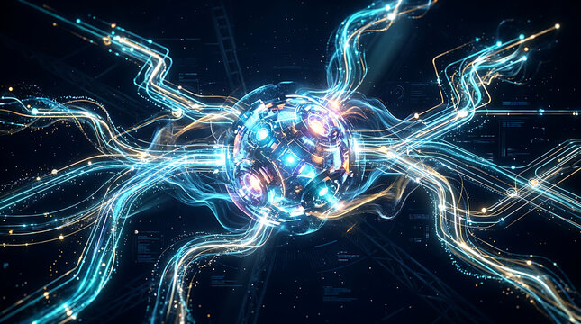 Abstract glowing sphere with energy tendrils radiating outward during digital network connection