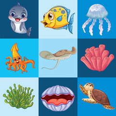 Seamless Pattern of Cartoon Sea Animals and Marine Life Icons