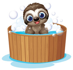 Fototapeta premium Cute Cartoon Sloth Taking a Bubble Bath in a Wooden Tub