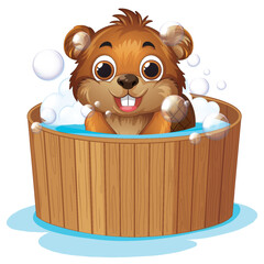 Naklejka premium Cute Cartoon Beaver Taking a Bubble Bath in a Wooden Tub