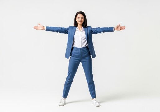 Young woman in blue suit standing with arms outstretched