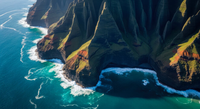 Aerial view of the dramatic Na Pali Coast with steep green cliffs and turquoise ocean waves in Kauai, Hawaii