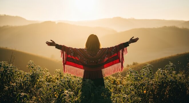 Woman wearing poncho standing with arms outstretched in mountain hills at sunset