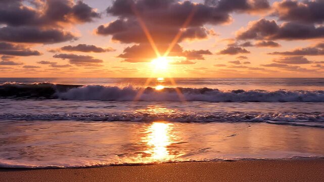 Cinematic wide angle shot of a beautiful ocean sunrise with gentle waves washing ashore on a golden sandy beach.