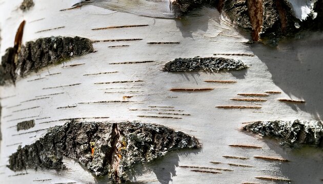 Close Up Macro Shot Of White Birch Tree Bark Texture With Natural Dark Cracks